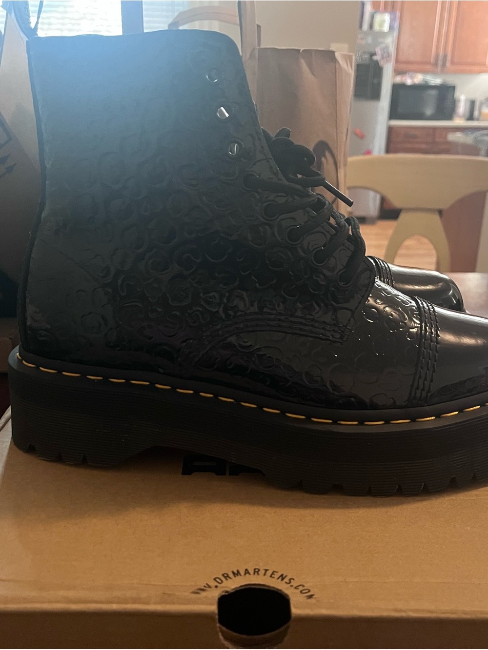 Dr. Martens Women's Black Patent Lace-Up Platform Boots with Yellow Stitching